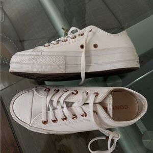 Converse White Low-Top Canvas Sneakers with Rose Gold Eyelets